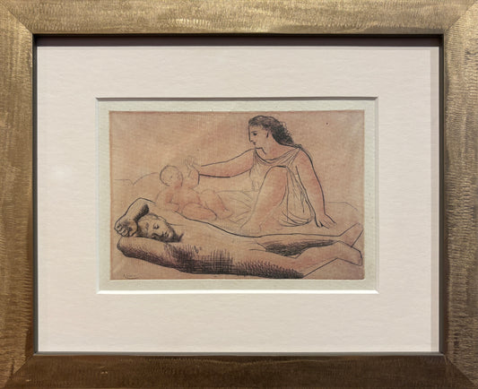 Vintage lithograph of reclining and seated classical figures in gold frame, mid-20th century, gold frame
