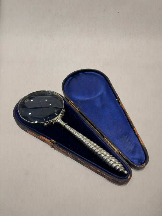 Vintage sterling silver magnifying glass with spiral handle and original fitted case
