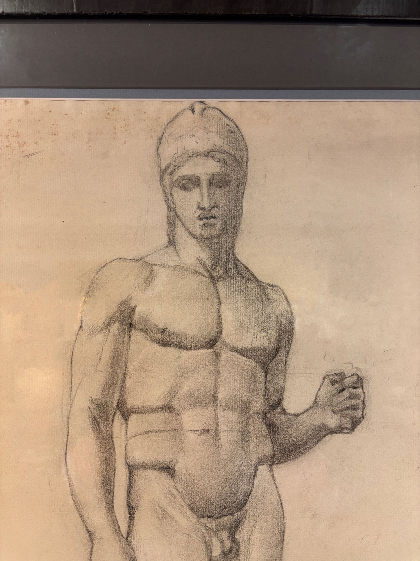 Charcoal Drawing of Classical Warrior Figure – French Academic, 1903
