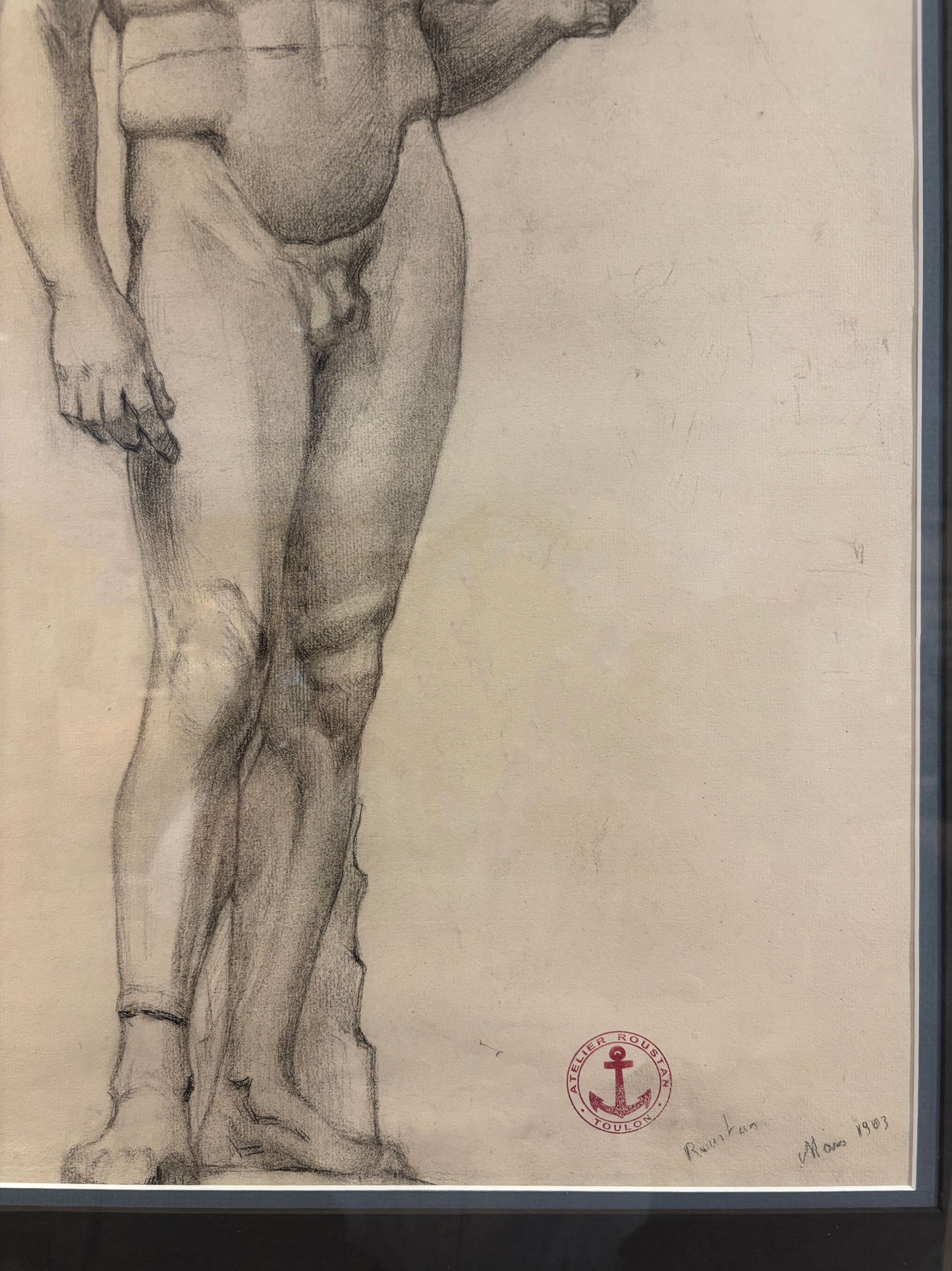 Charcoal Drawing of Classical Warrior Figure – French Academic, 1903