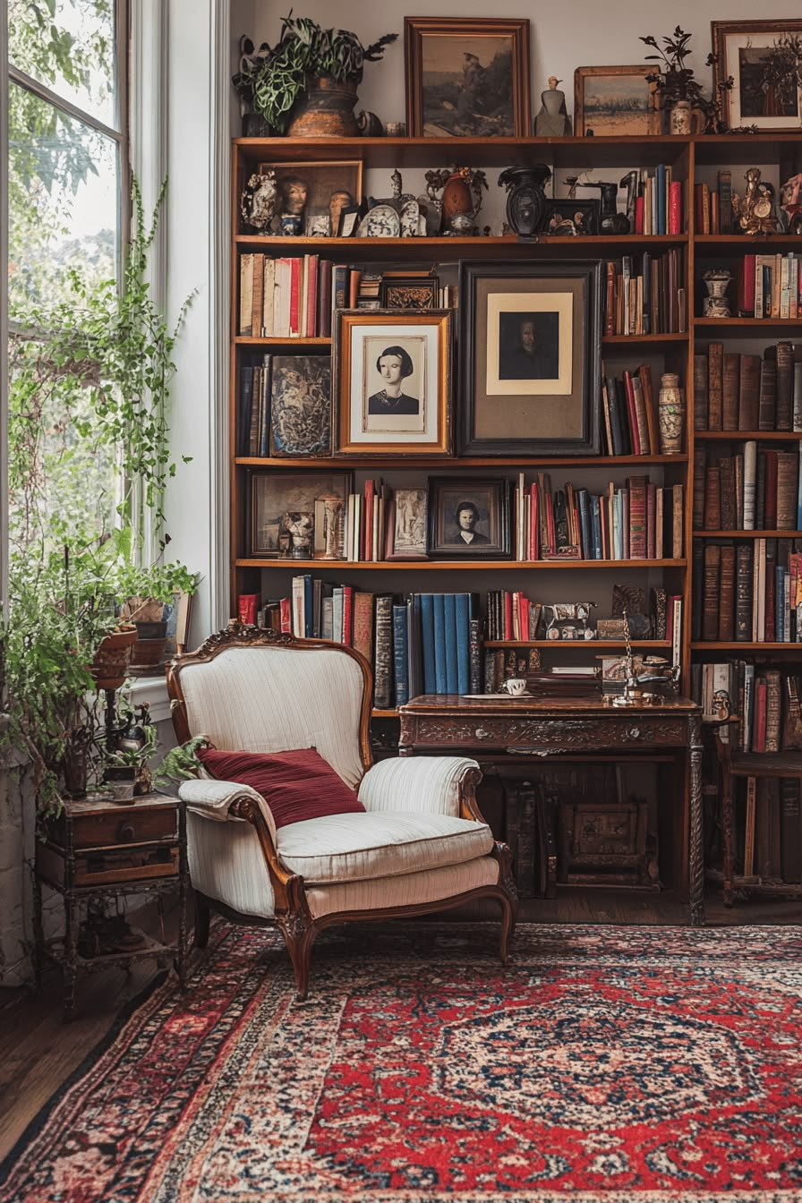 Collected interior with antique books, framed artworks, decorative objects, and vintage furniture arranged around a large bookshelf.