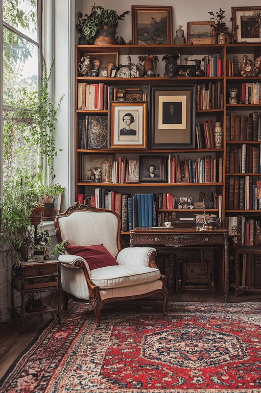 Collected interior with antique books, framed artworks, decorative objects, and vintage furniture arranged around a large bookshelf.