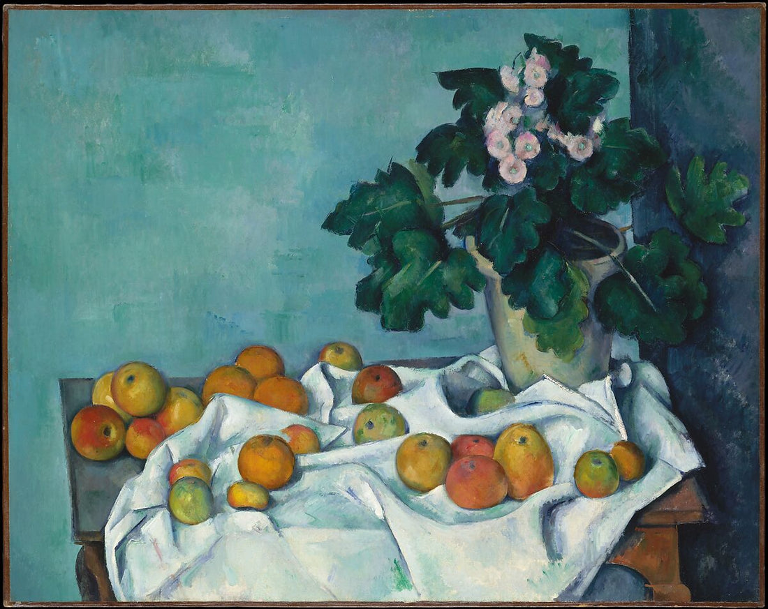 Paul Cézanne’s still life painting with apples and a flower pot on a draped table — early 20th century, from the Metropolitan Museum of Art