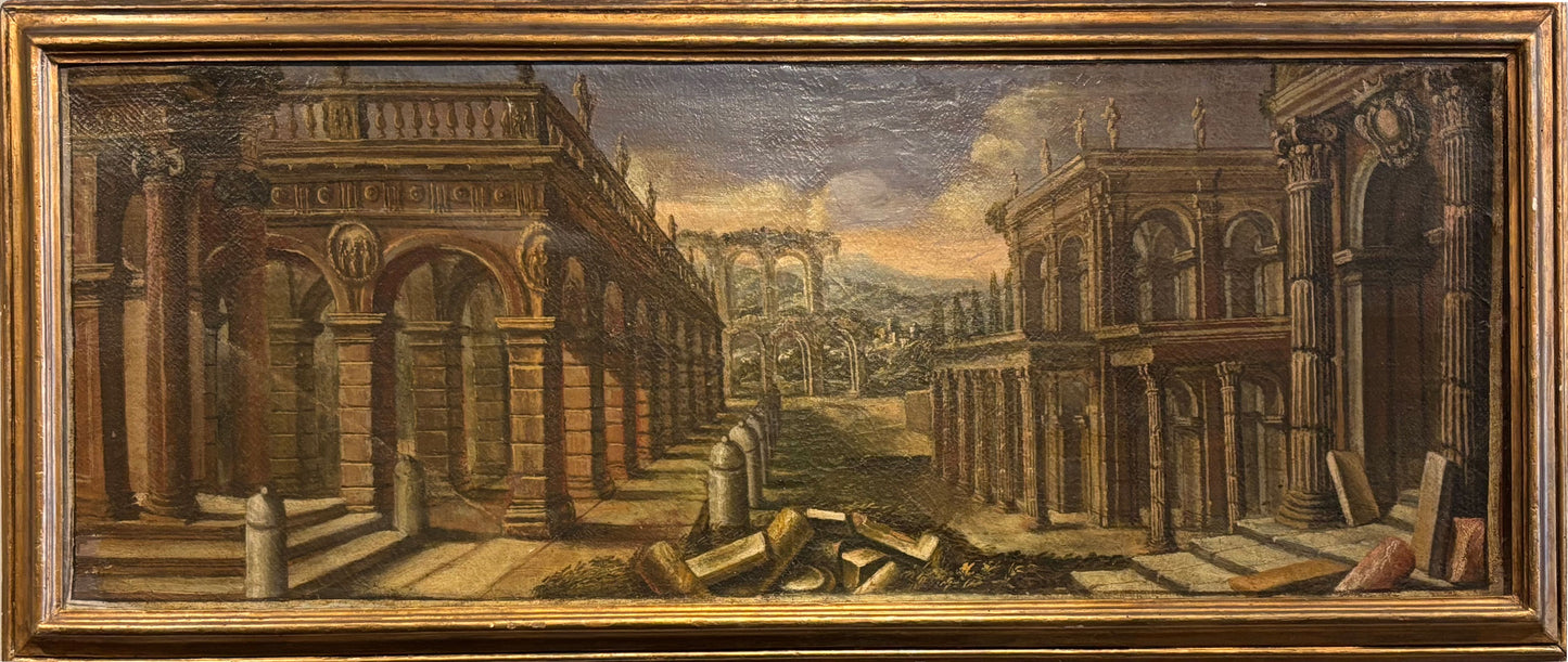 Full view of an 18th-century Italian oil painting depicting classical ruins in a gilt wood frame