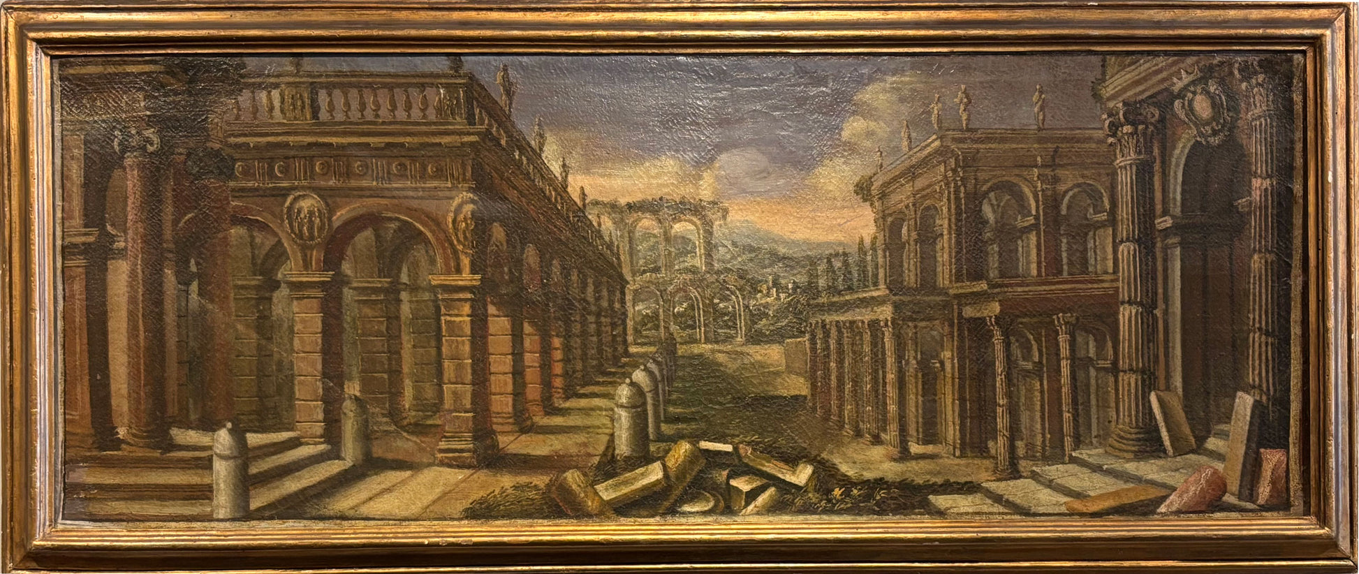 Full view of an 18th-century Italian oil painting depicting classical ruins in a gilt wood frame
