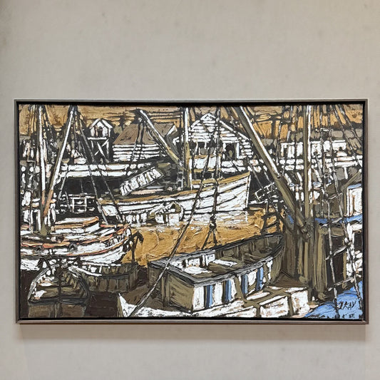 Acrylic marina scene painting with boats and structures in brown, black, and white, USA, circa 1970