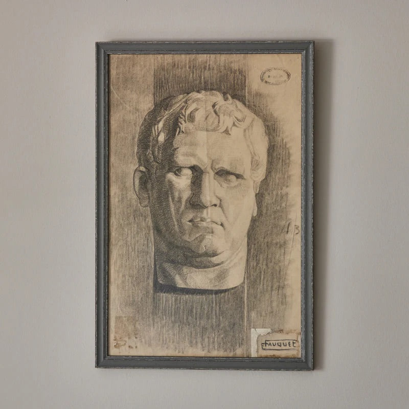 Charcoal Drawing of Roman Bust by Fauquet – French Academic, 19th Century