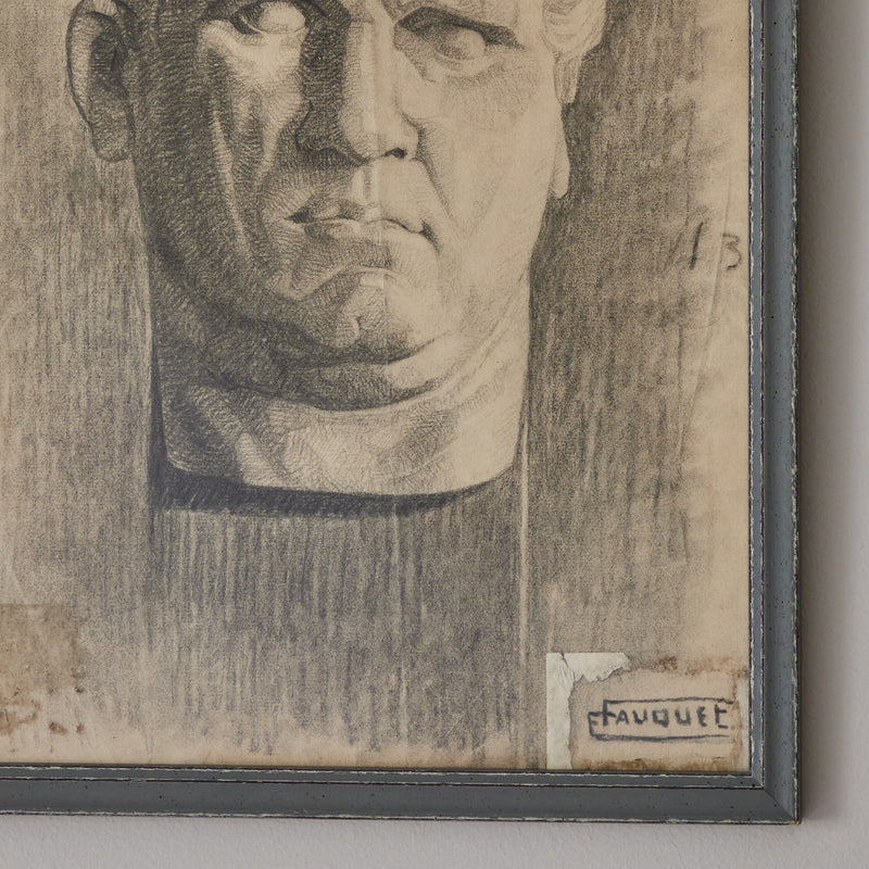 Charcoal Drawing of Roman Bust by Fauquet – French Academic, 19th Century