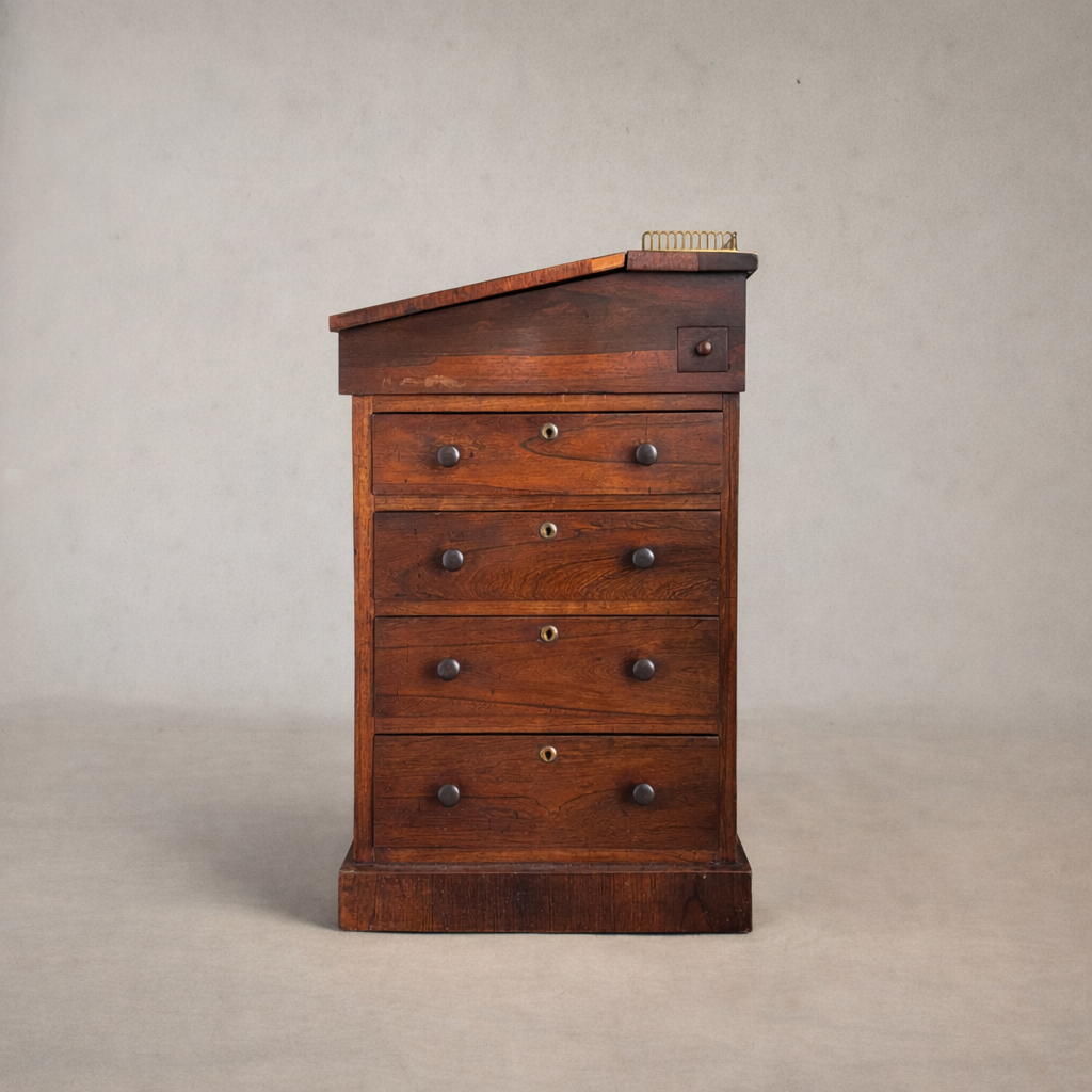 Vintage wooden slant-front desk with deep drawers and original finish, studio product photograph