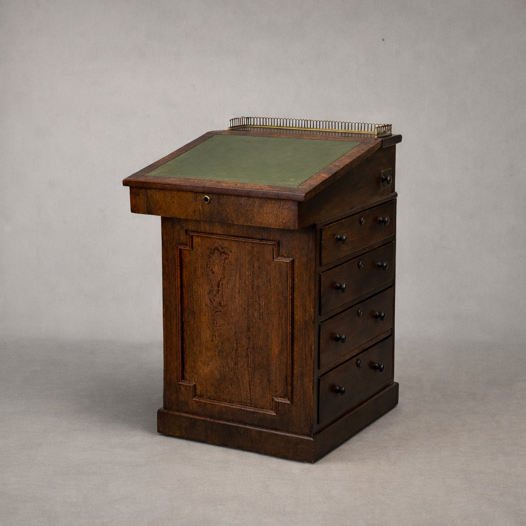 Antique slant-top writing desk showing side profile, drawer construction, and aged wood grain