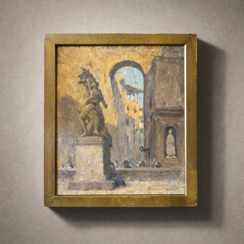 Early 20th-century oil painting of Florence viewed from the Loggia dei Lanzi toward the Uffizi and Palazzo Vecchio, in original gilt frame.