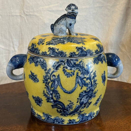 Antique Chinese Cobalt Blue and Yellow Porcelain Lidded Jar