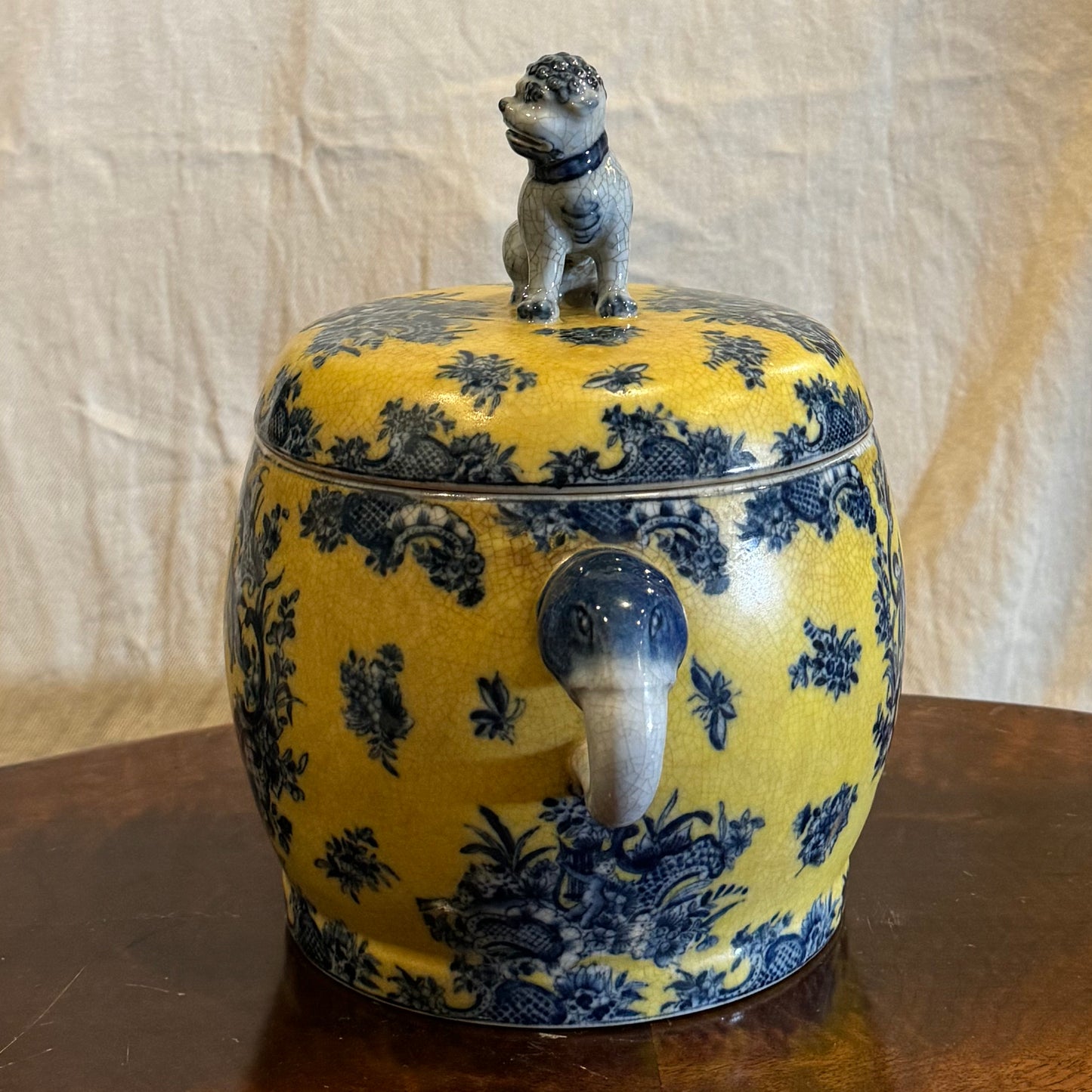 Antique Chinese Cobalt Blue and Yellow Porcelain Lidded Jar