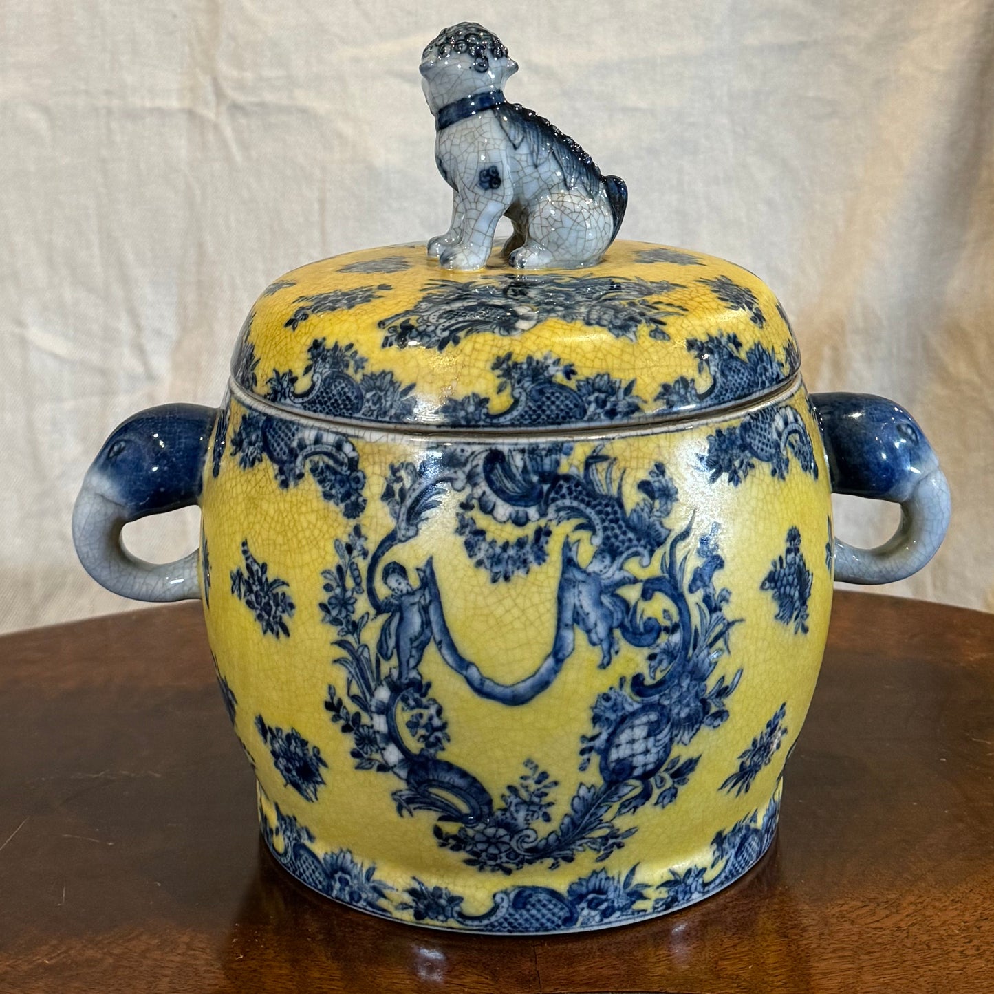 Antique Chinese Cobalt Blue and Yellow Porcelain Lidded Jar