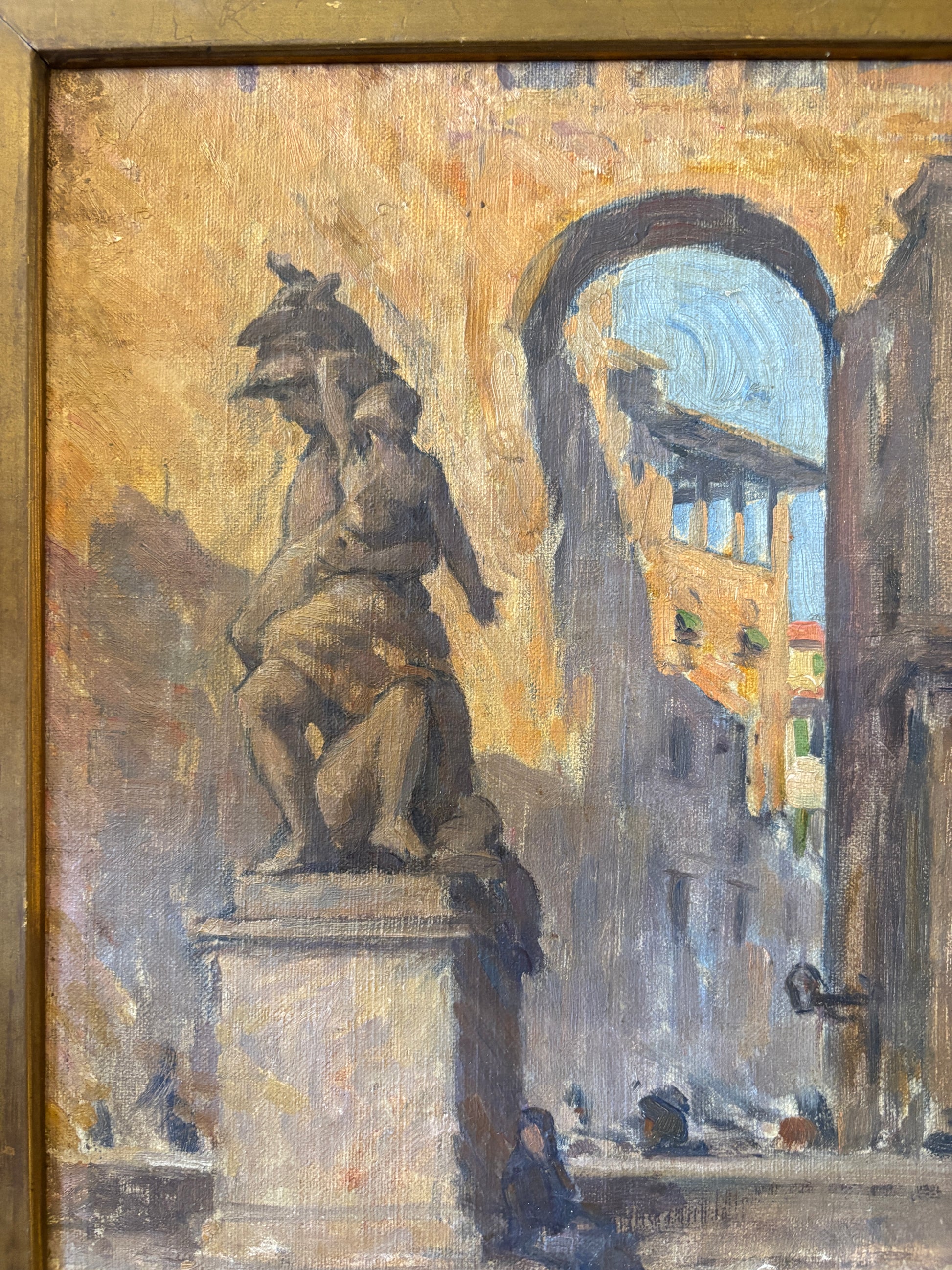 Detail of Florence cityscape painting showing sculptural figure near the Loggia dei Lanzi and arched passage toward the Uffizi.