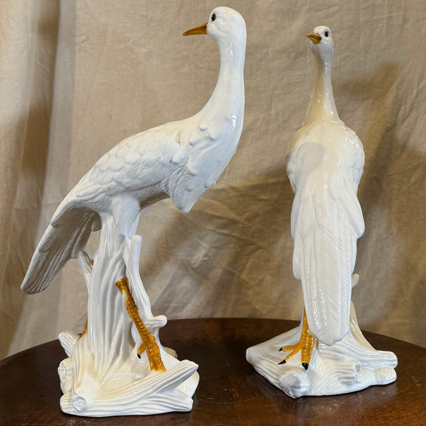 Elegant Pair of Porcelain White Egrets with Golden Accents