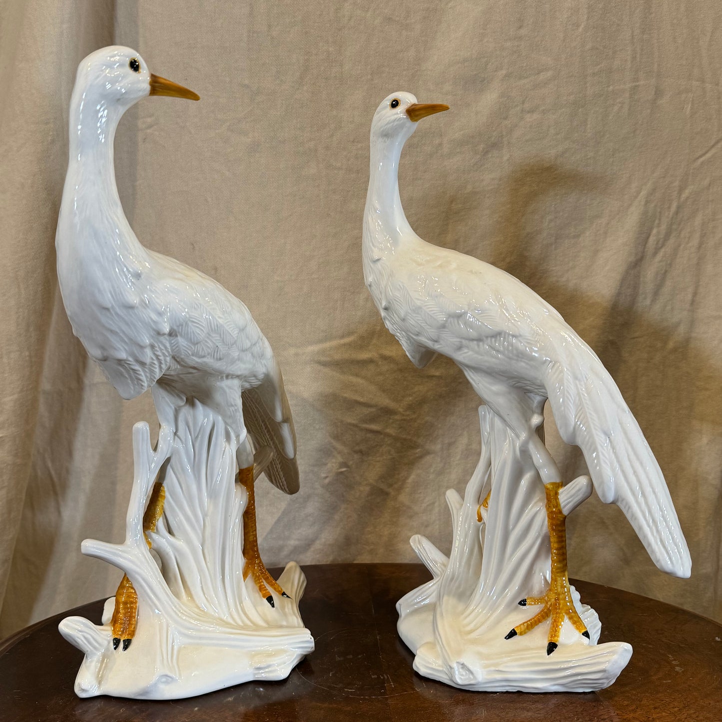 Elegant Pair of Porcelain White Egrets with Golden Accents