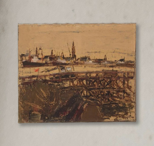 Abstract oil painting of Antwerp harbor with smokestacks, bridges, and steeples in ochre and gray tones