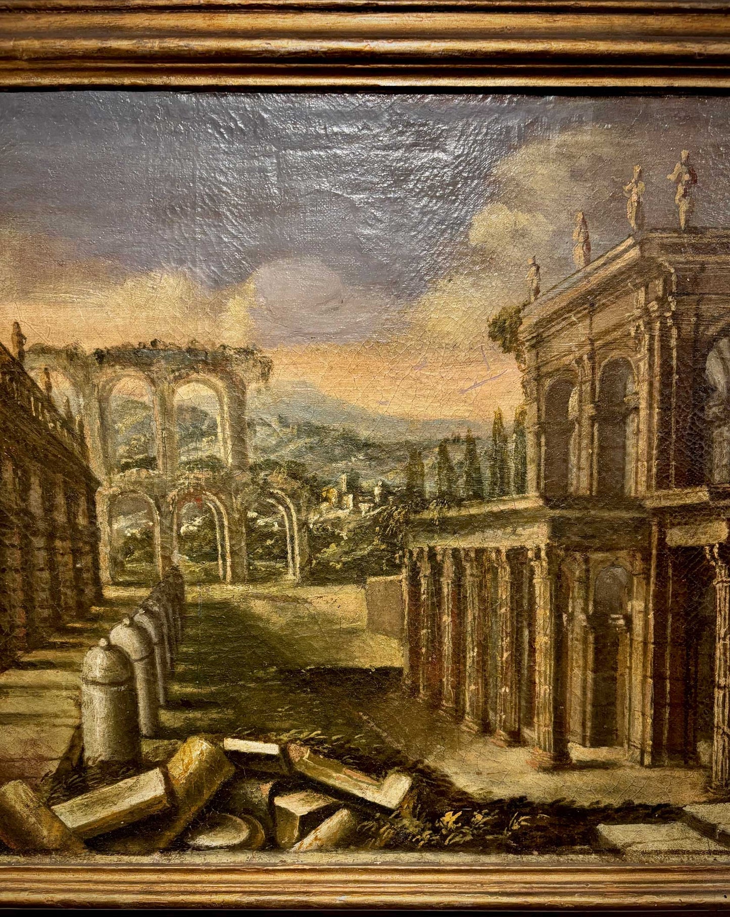 Close-up of classical Roman architectural details in capriccio-style Italian painting