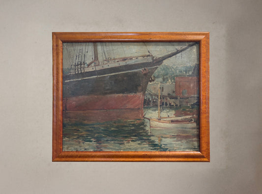 Oil painting of the tall ship Balclutha in San Francisco Bay, signed "Wood"
