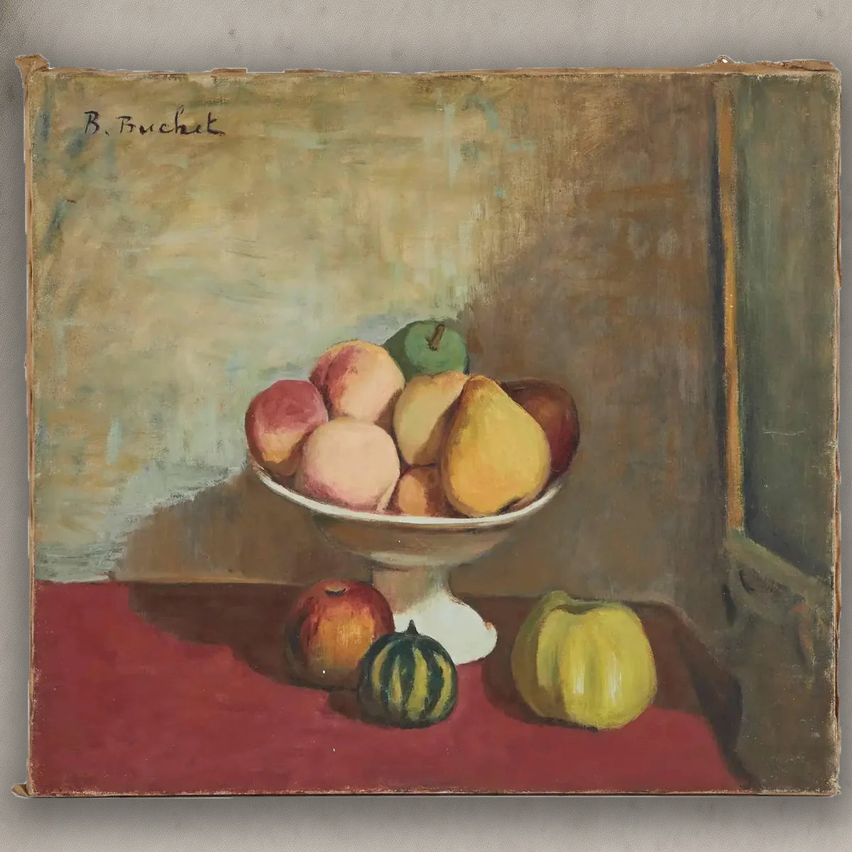 Still life oil painting of fruit in a pedestal bowl by Boris Buchet, early 20th century French
