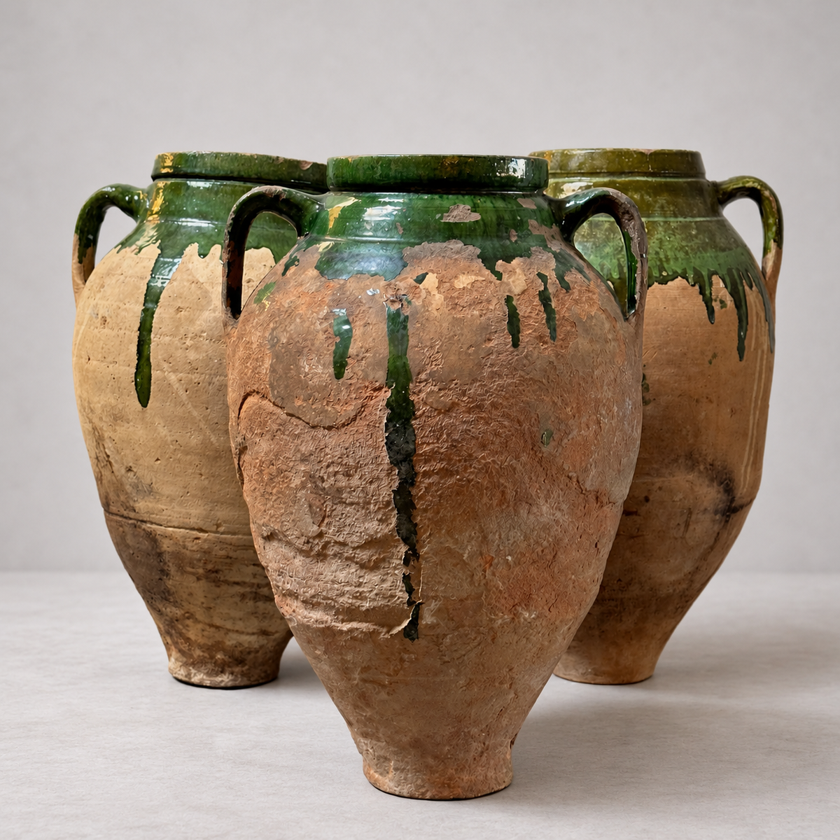 Three antique Bulgarian terracotta olive oil pots with twin handles, weathered surfaces, and green glaze dripping from their shoulders.