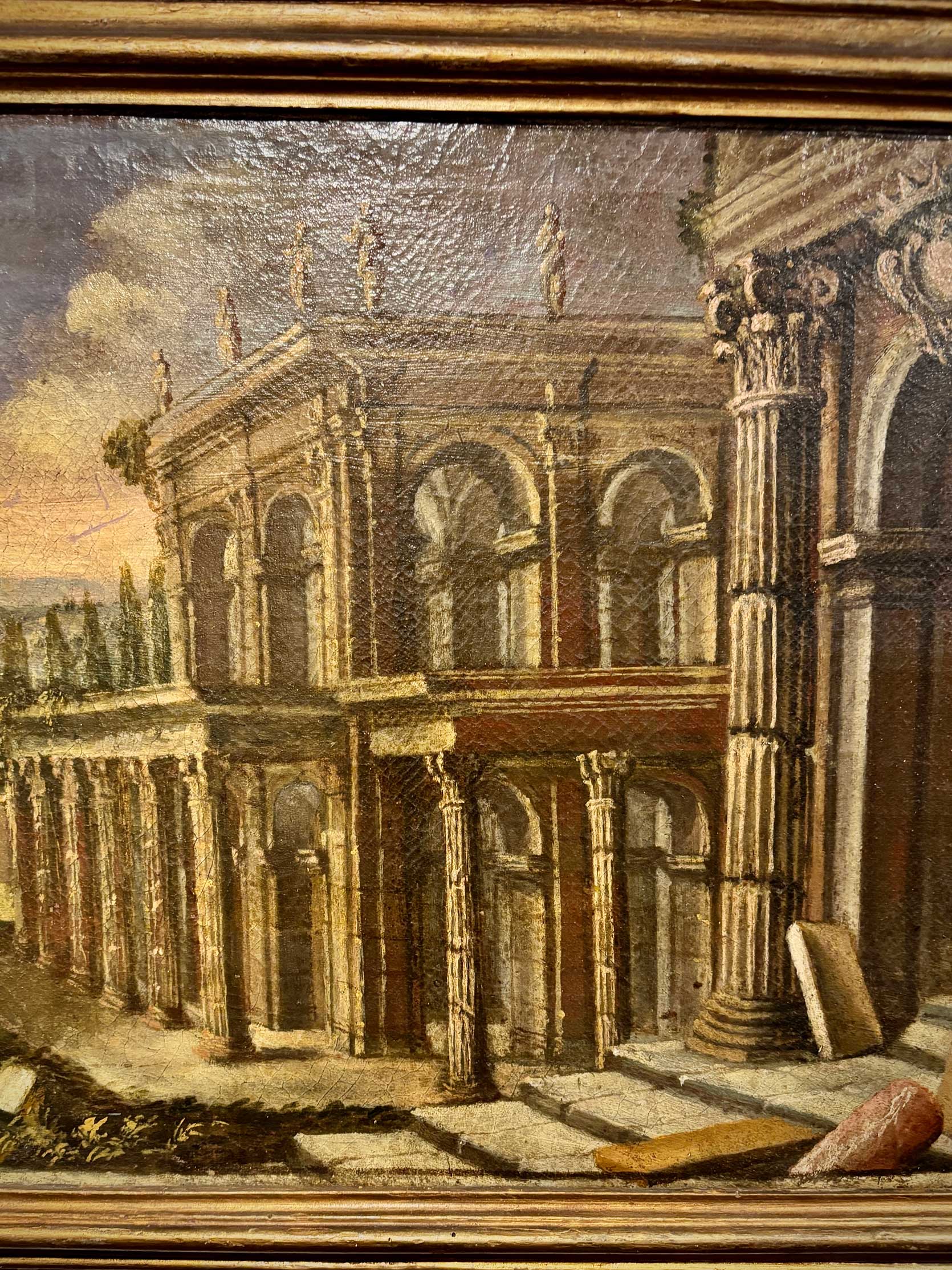 Close-up center of classical Roman architectural details in capriccio-style Italian painting