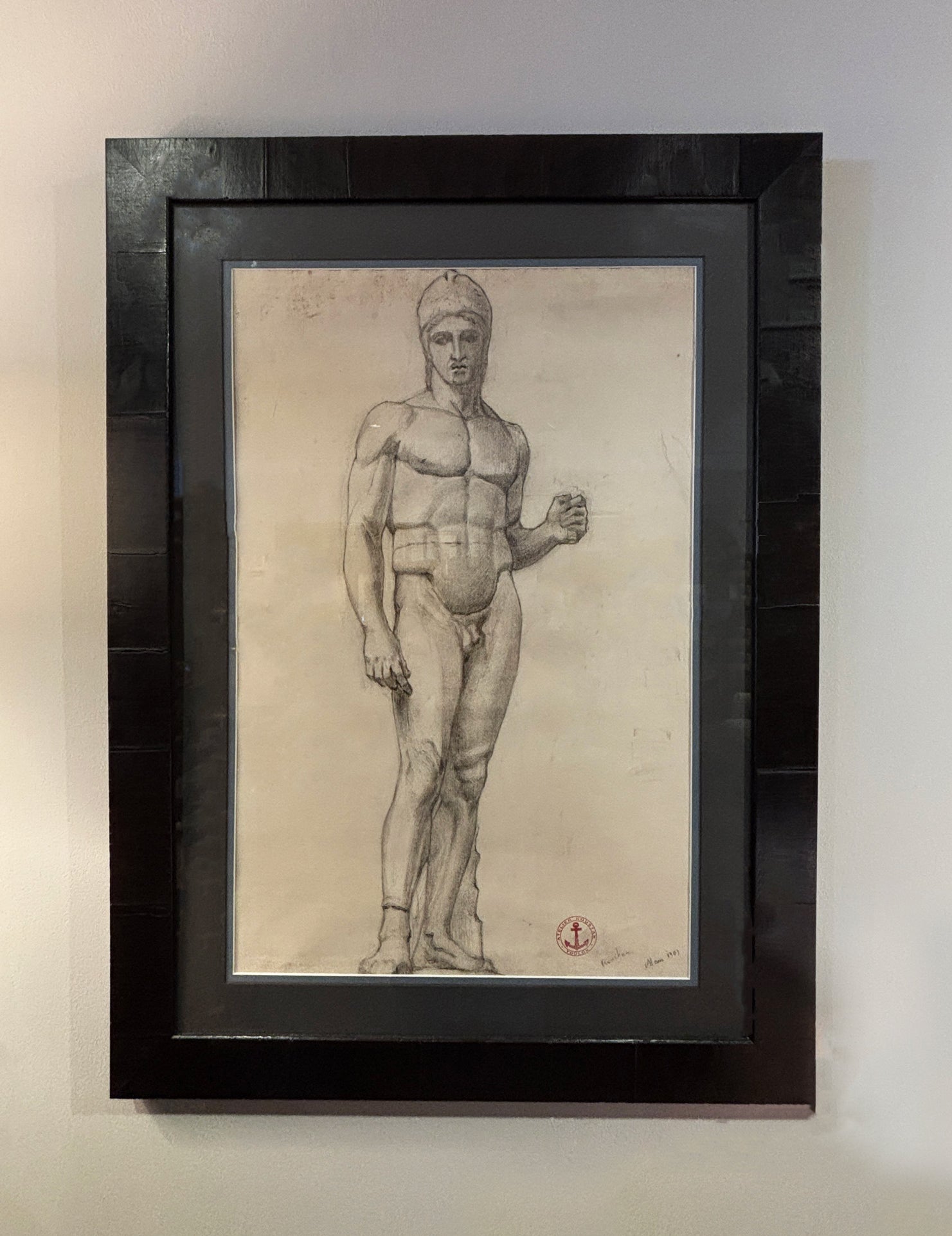 Charcoal drawing of nude warrior with helmet in classical contrapposto, French academic style, 1903
