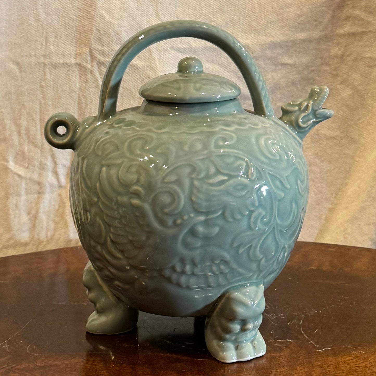 Antique Celadon Glazed Porcelain Teapot with Dragon Motif