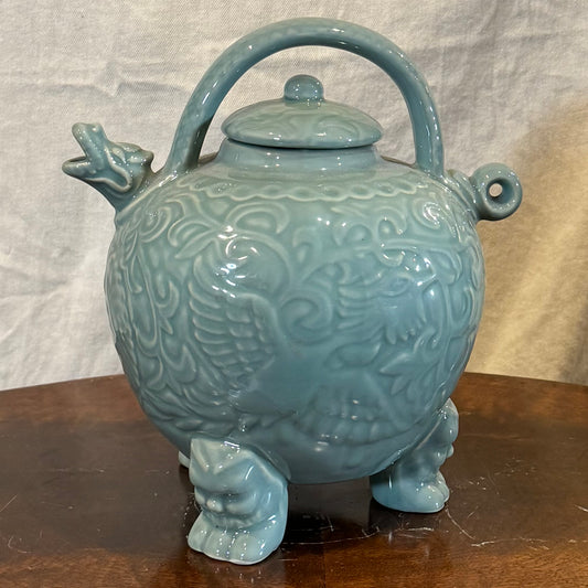 Antique Celadon Glazed Porcelain Teapot with Dragon Motif