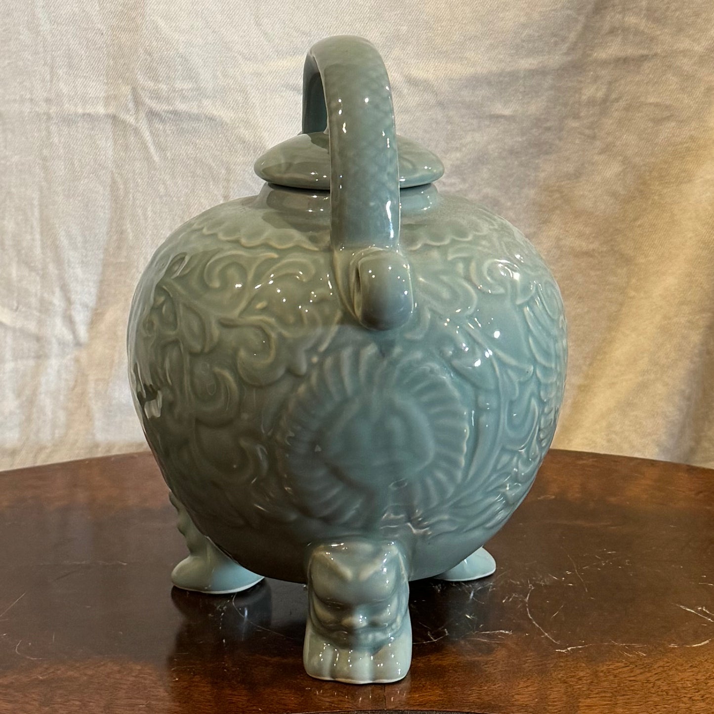 Antique Celadon Glazed Porcelain Teapot with Dragon Motif