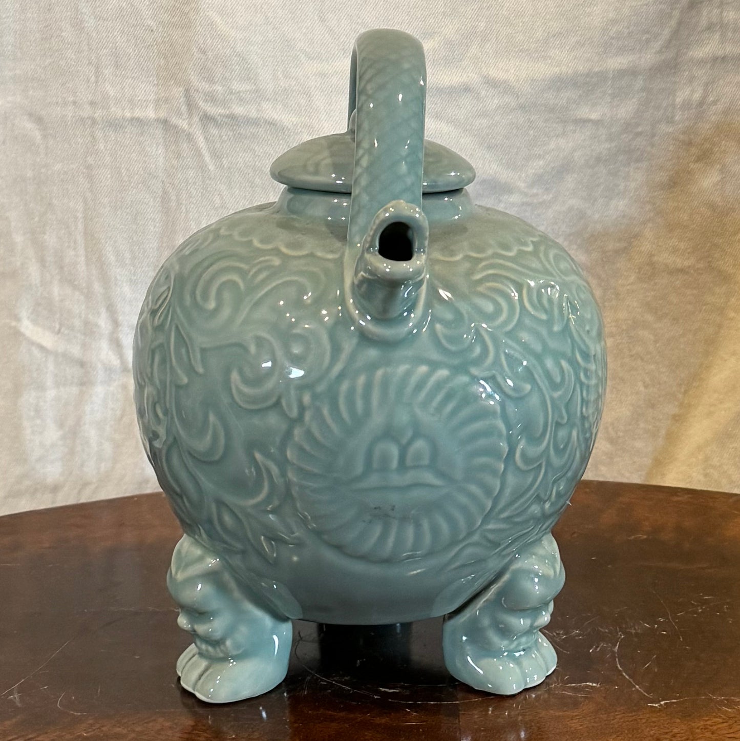 Antique Celadon Glazed Porcelain Teapot with Dragon Motif