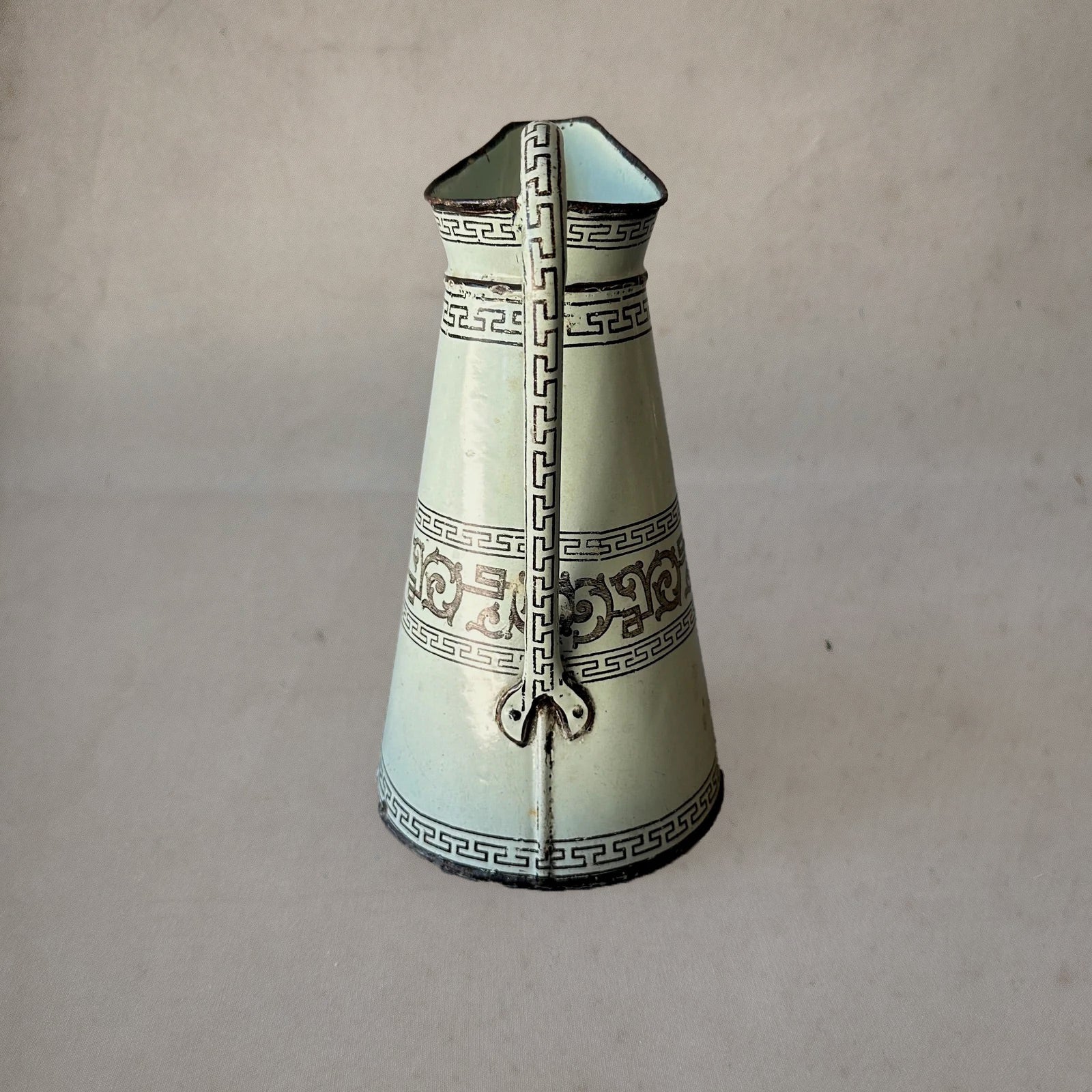 Antique English enameled pitcher with Greek key pattern, celadon green, circa 1880, back