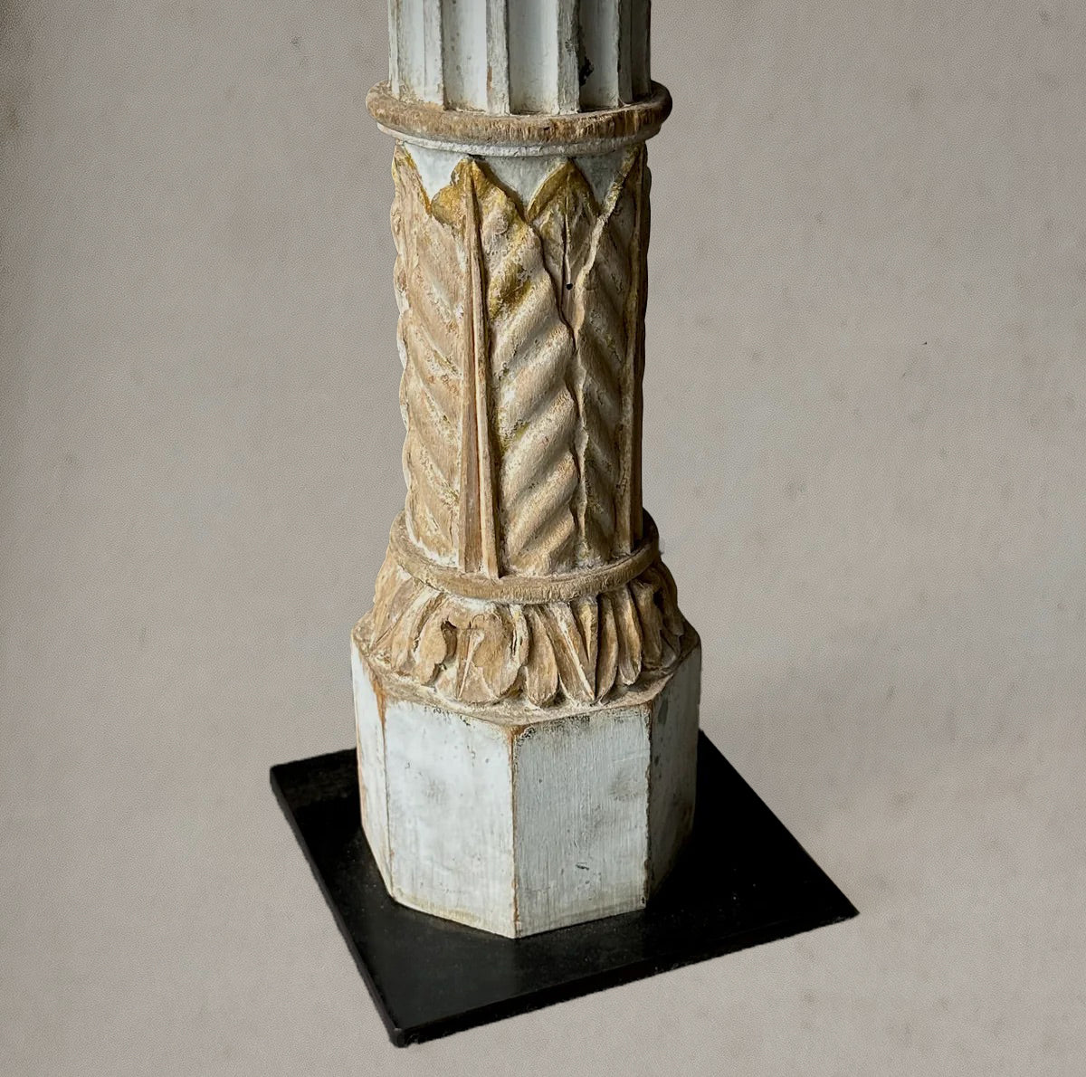 French carved wood column lamp with fluted shaft and acanthus leaf details, circa 1880