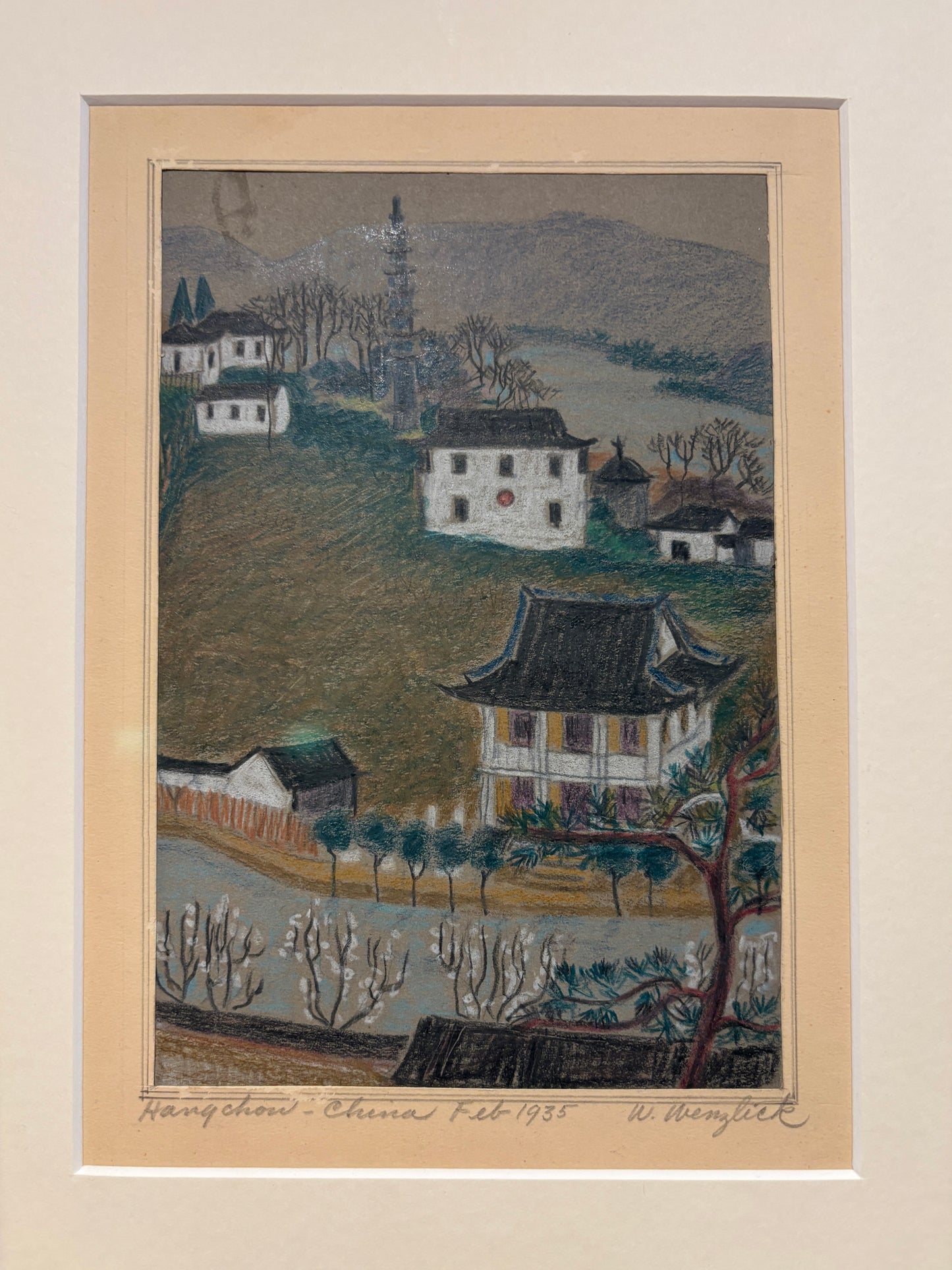 Watercolor painting of Hangzhou riverside scene by Winona Wenzlick Sands, signed February 1935, no border