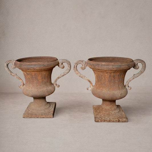 Pair of 19th-Century Italian Iron Urns with Scrolled Handles