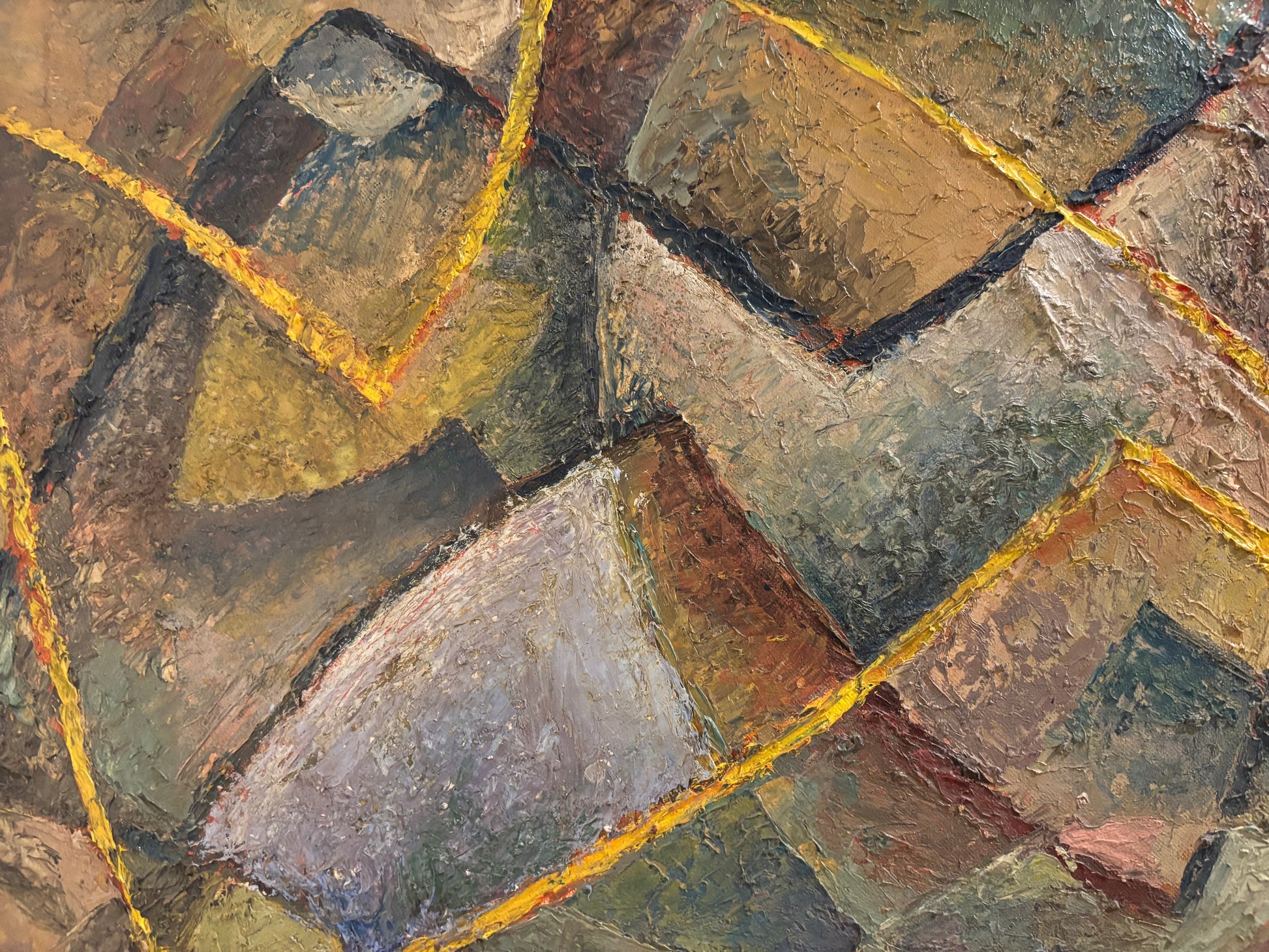 Abstract oil painting by Martin Nissen with textured brushwork and intersecting yellow lines, circa 1960, detail