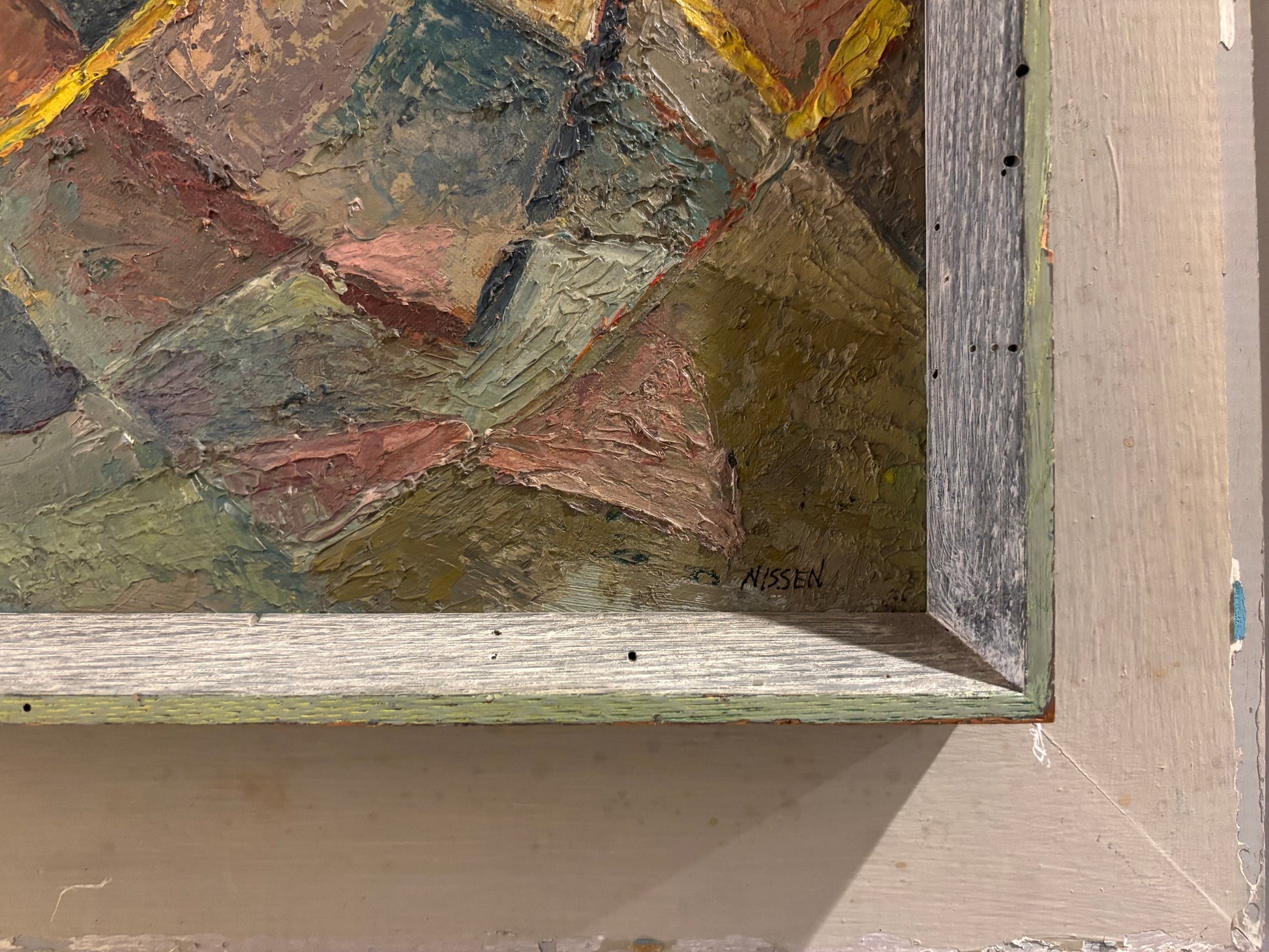 Abstract oil painting by Martin Nissen with textured brushwork and intersecting yellow lines, circa 1960, signature