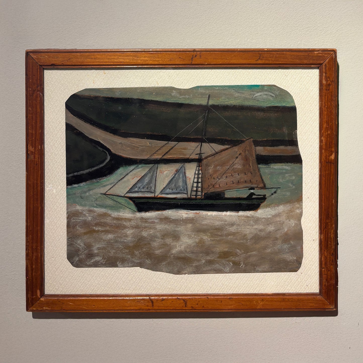Maritime folk-style painting by Max Wildman depicting a coastal sailing vessel in shallow waters