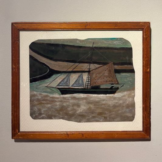 Maritime folk-style painting by Max Wildman depicting a coastal sailing vessel in shallow waters
