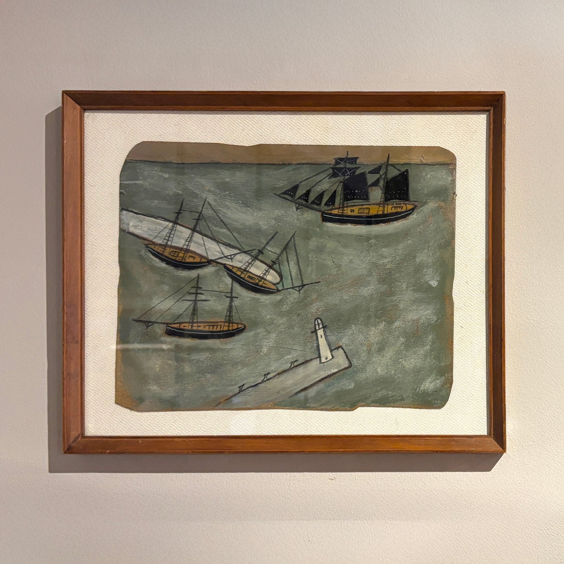 Maritime folk-style painting by Max Wildman showing four boats and a breakwater, framed in wood