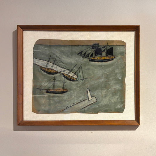 Maritime folk-style painting by Max Wildman showing four boats and a breakwater, framed in wood