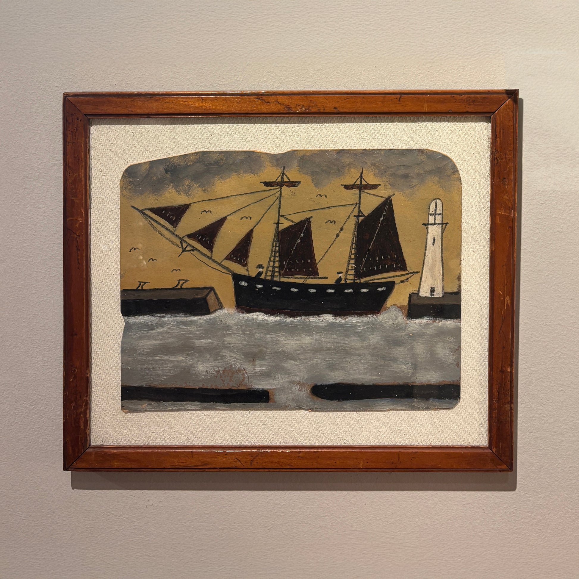 Maritime folk-style painting by Max Wildman showing a sailing ship entering a harbor with lighthouse