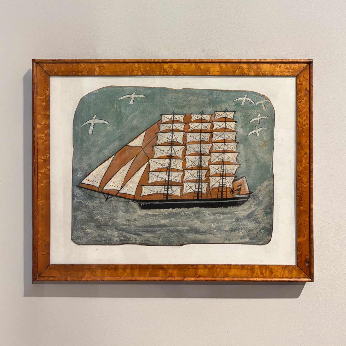 Framed maritime folk art painting of a multi-masted sailing ship by Max Wildman, inspired by Alfred Wallis