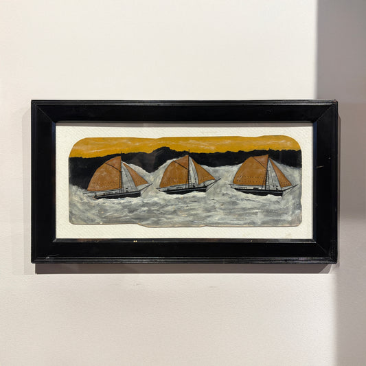 Wide folk-style maritime painting by Max Wildman showing three sailboats at sea in a black frame