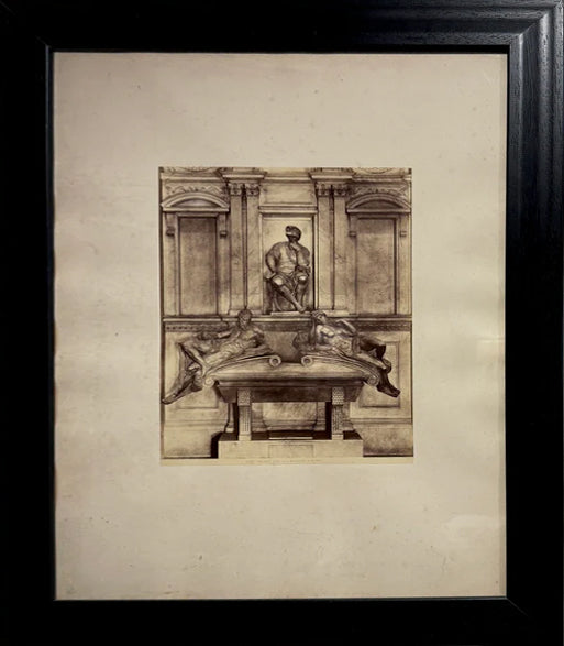 Heliogravure of Michelangelo’s Medici Tomb with seated Lorenzo de’ Medici and reclining figures, circa 1900, with frame