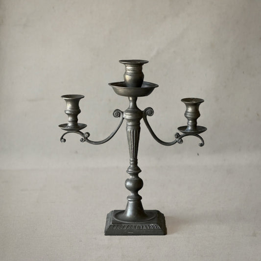 English pewter three-arm candelabra with fluted stem and scroll arms, circa 1840