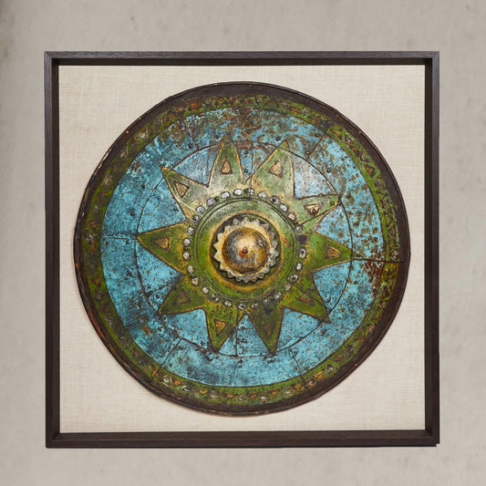 Framed theatrical shield prop with turquoise and green patina from Pinewood Studios, England, circa 1900