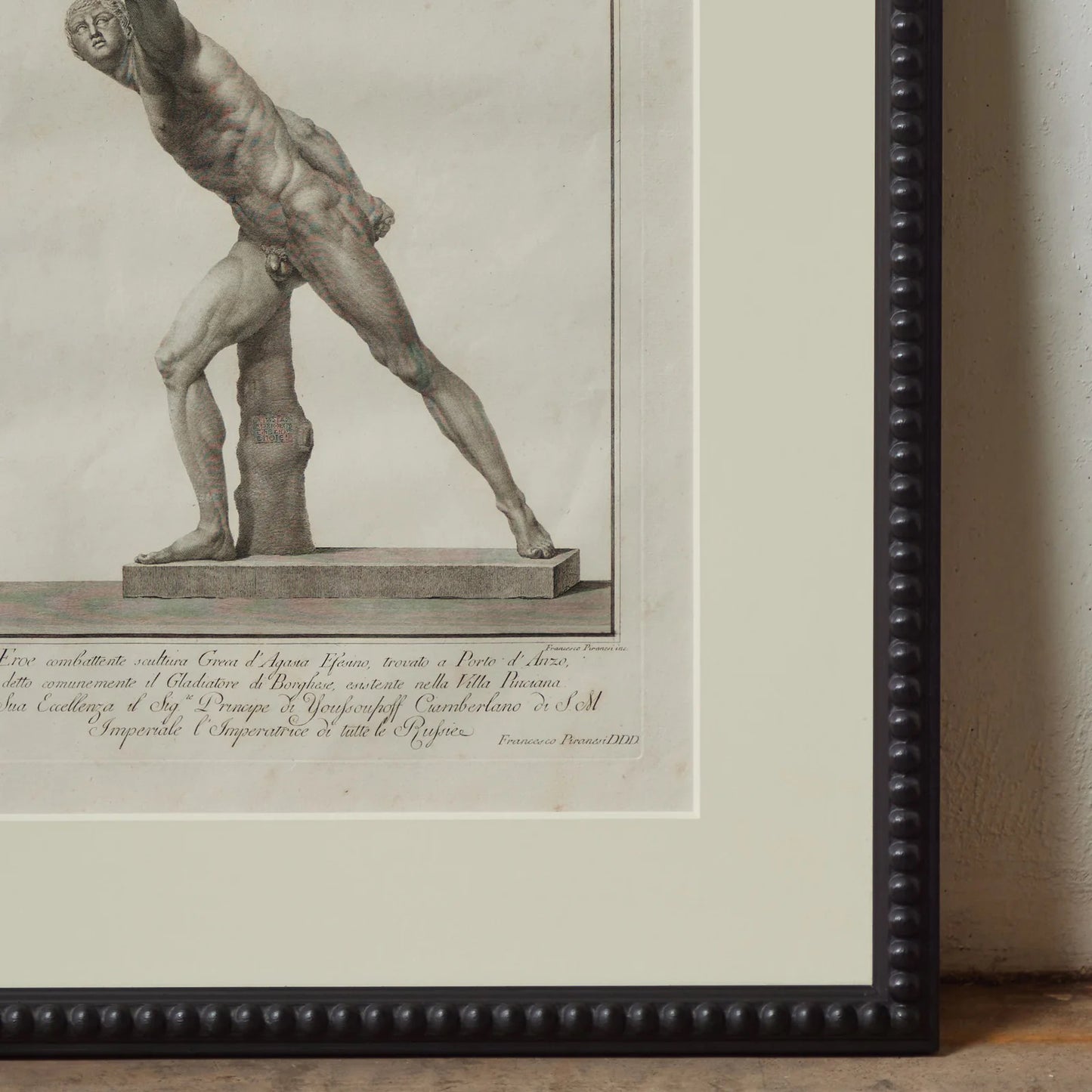 Francesco Piranesi engraving of Borghese Gladiator, Italian neoclassical print, circa 1800, inscription detail