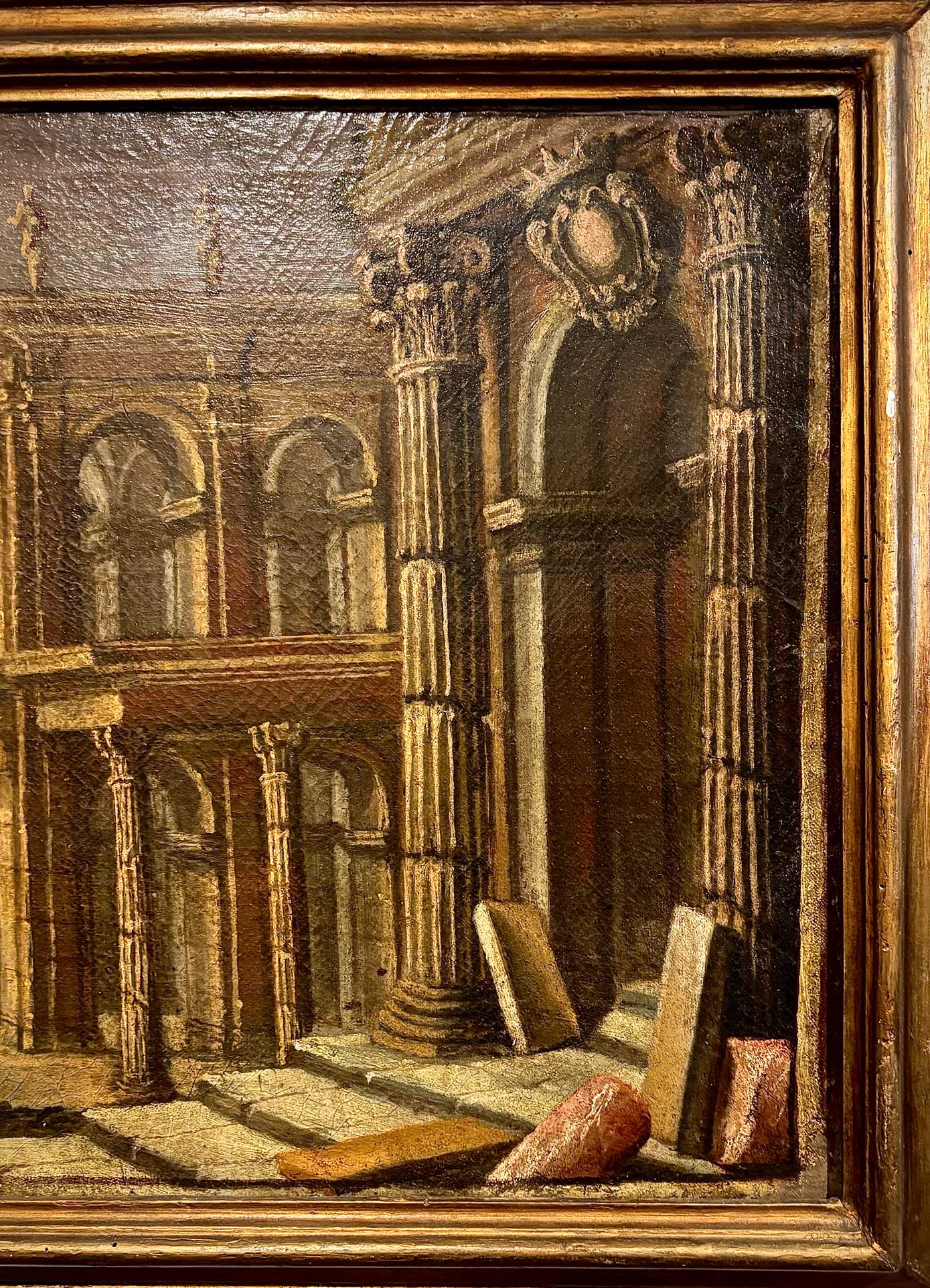 Right side close-up of classical Roman architectural details in capriccio-style Italian painting